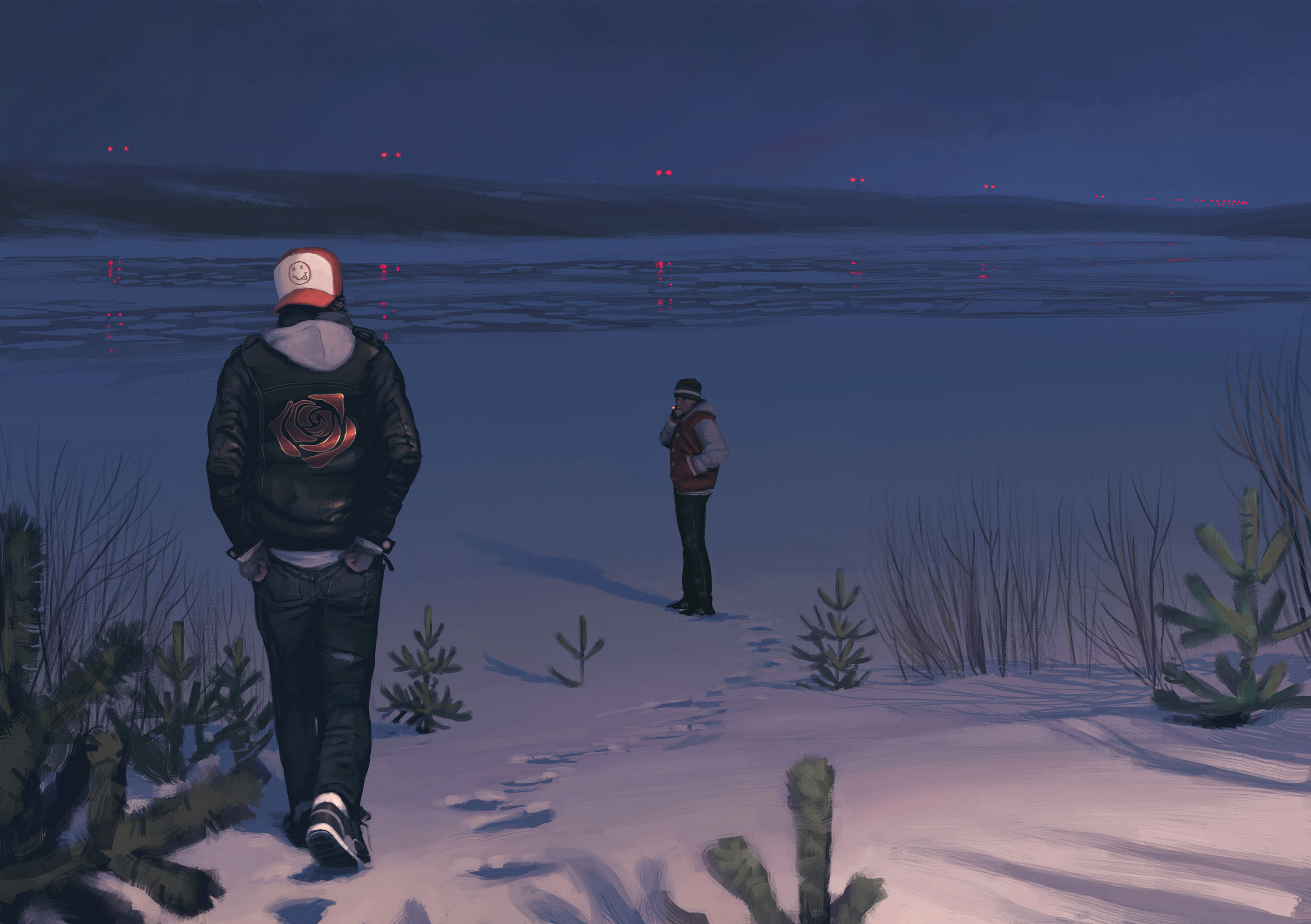 simon stalenhag, highres, 2boys, beanie, black hair, black hoodie, black pants, cigarette, denim, floral print, footprints, grass, hat, holding, holding cigarette, hood, hood down, hoodie, jacket, jeans, multiple boys, night, outdoors, pants, red hat, red jacket, reflection, reflective water, rose print, shoes, smoking, sneakers, snow, standing, things from the flood, walking
