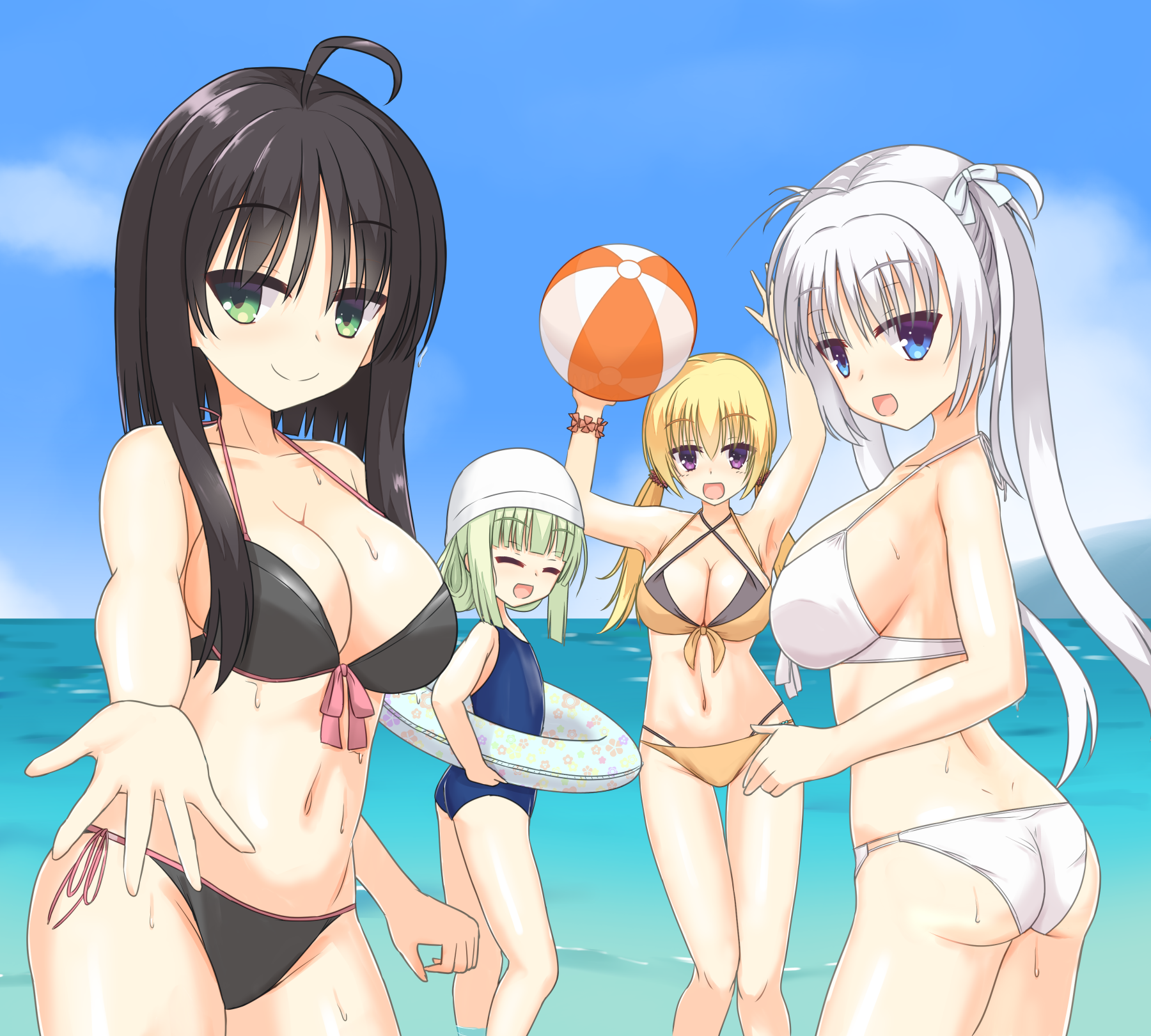 shirayamakoma, hitachi mako, lena liechtenauer, murasame (senren), tomotake yoshino, senren banka, commentary request, highres, 4girls, :d, ^ ^, ahoge, alternate costume, alternate hairstyle, arms up, ass, ball, beachball, bikini, black bikini, black hair, blonde hair, blue eyes, blue one-piece swimsuit, blue sky, blunt bangs, blunt ends, bow, breasts, cleavage, closed eyes, closed mouth, cowboy shot, criss-cross halter, day, facing viewer, flat chest, green eyes, green hair, hair bow, hair ornament, hair scrunchie, halterneck, happy, holding, holding ball, holding beachball, large breasts, long hair, looking at viewer, low twintails, multiple girls, navel, ocean, one-piece swimsuit, open mouth, orange bikini, orange scrunchie, outdoors, outstretched hand, purple eyes, reaching, reaching towards viewer, scrunchie, shiny skin, short hair with long locks, side-tie bikini bottom, sidelocks, sky, smile, split mouth, stomach, straight hair, swim ring, swimsuit, twintails, very long hair, wet, white bikini, white bow, white hair, wrist scrunchie