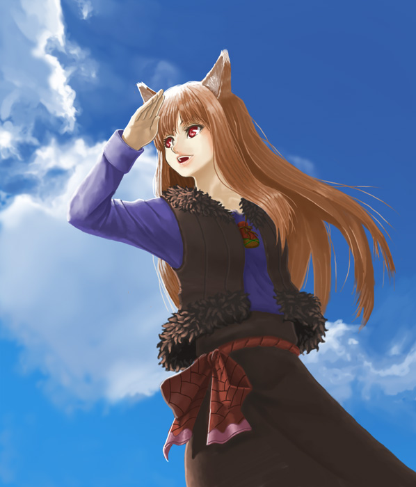 retsujin, holo, spice and wolf, 00s, 1girl, animal ears, brown hair, cloud, day, female focus, long hair, red eyes, sky, solo, wolf ears