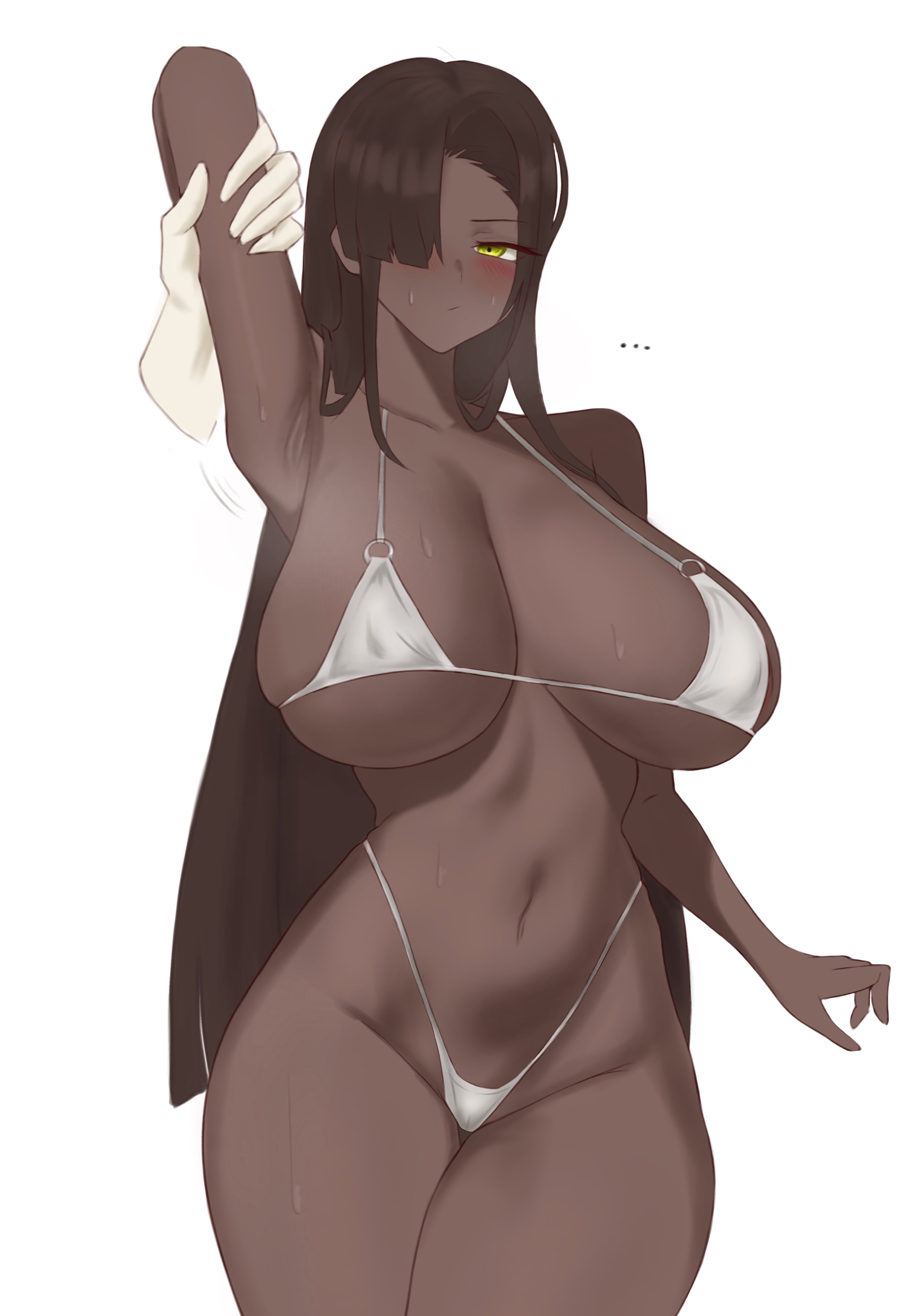 pmlbtmlorlc, zilu (project moon), limbus company, project moon, absurdres, highres, …, 1girl, 1other, armpits, bikini, blush, brown hair, dark-skinned female, dark skin, hair over one eye, holding another's arm, long hair, presenting armpit, simple background, solo focus, string bikini, sweat, swimsuit, white background, white bikini, yellow eyes
