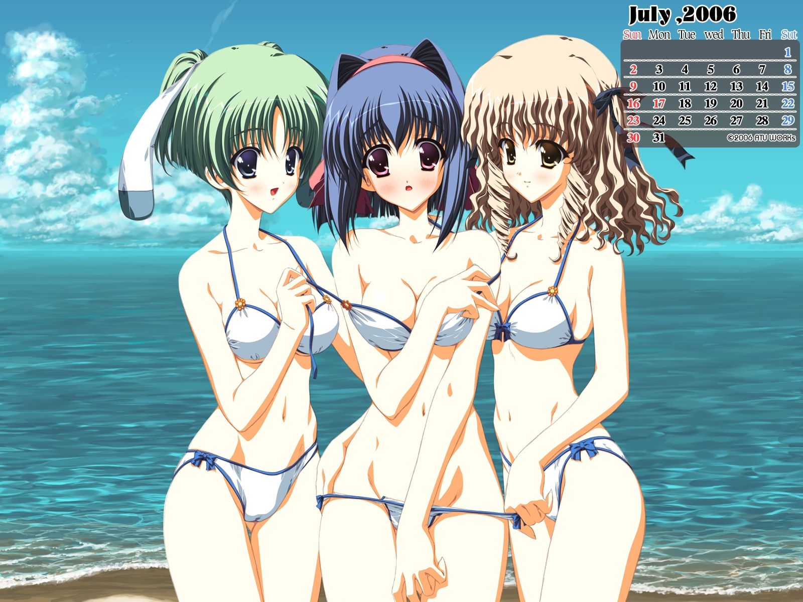 highres, 3girls, beach, bikini, bikini pull, blue hair, blush, calendar, clothes pull, day, drill hair, green hair, multiple girls, ocean, outdoors, panties, panty pull, ribbon, short hair, sky, swimsuit, underwear