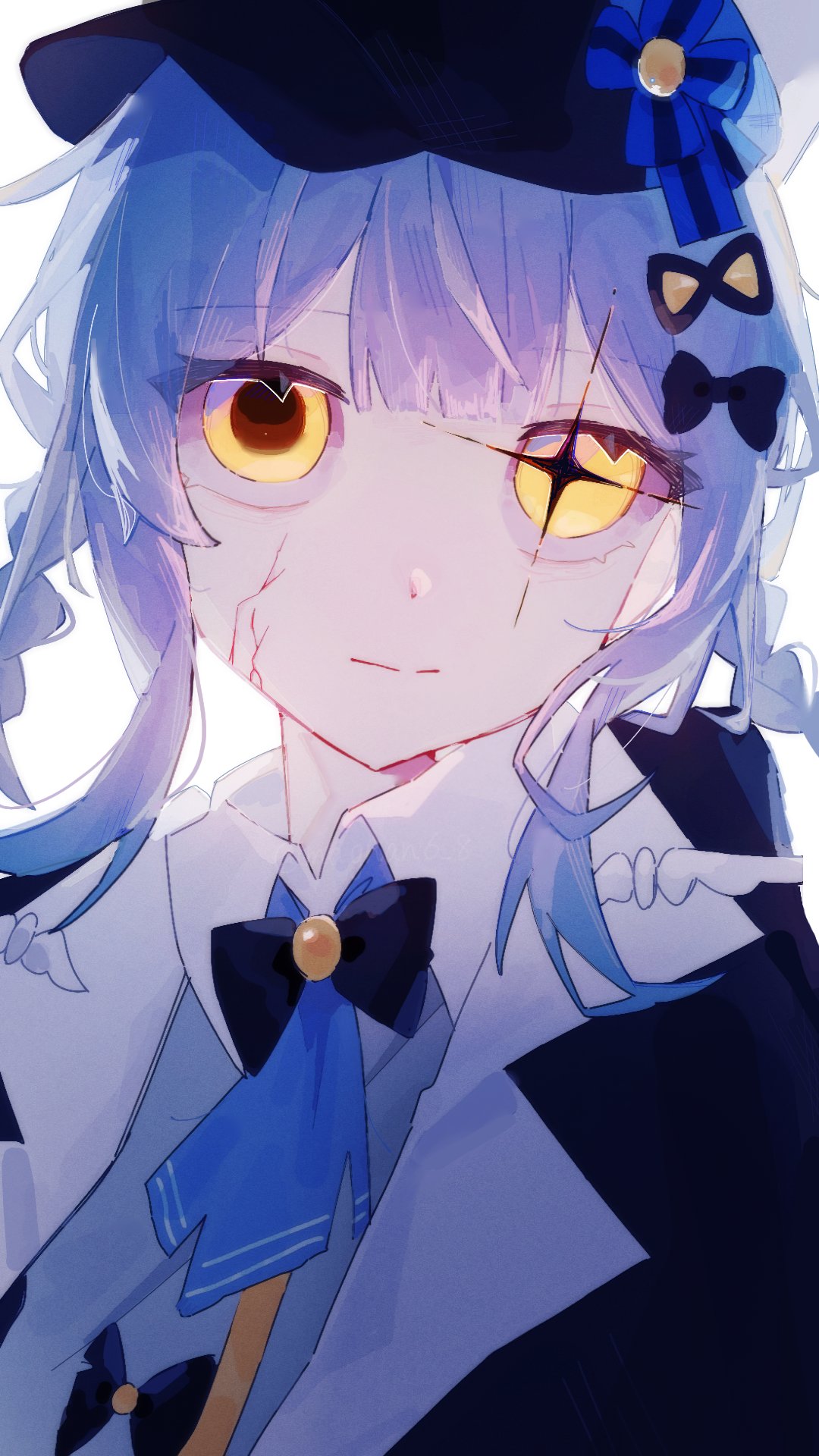magunan, tachibana sherry, mahou shoujo no majo saiban, commentary request, highres, spoilers, + +, 1girl, black bow, black hat, blue hair, blue necktie, bow, braid, braided hair rings, closed mouth, collared shirt, cracked skin, glint, hair bow, hair rings, hat, looking at viewer, magical girl, mismatched pupils, necktie, shirt, simple background, solo, upper body, white background, white shirt, yellow eyes