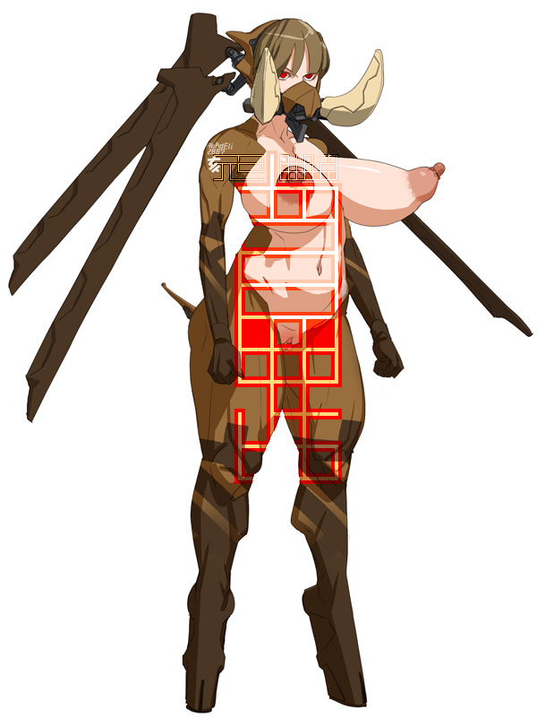 bobobo, original, breasts, brown hair, exoskeleton, large breasts, mecha, mecha musume, nipples, no bra, no panties, robot, sagging breasts, short hair, topless female