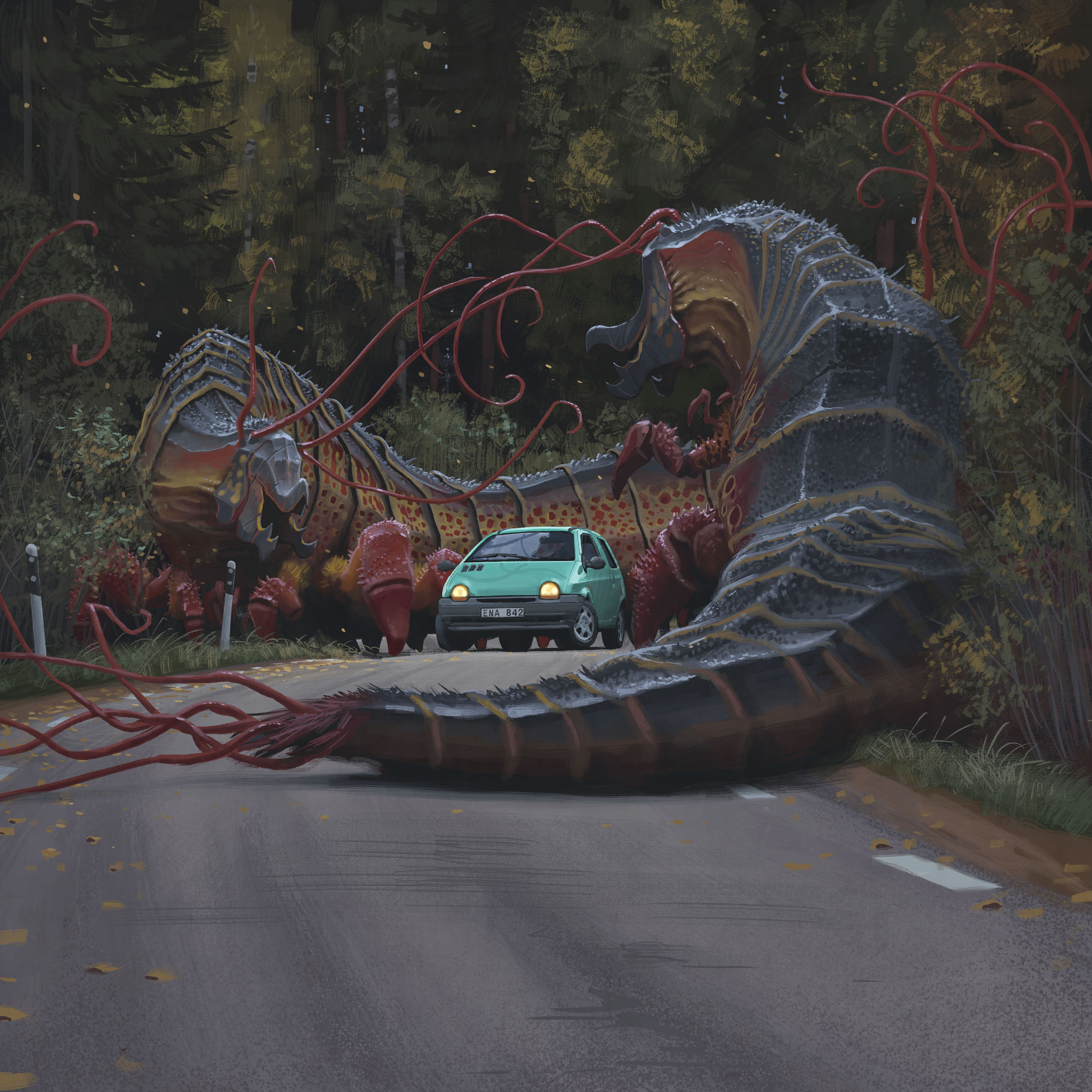 simon stalenhag, absurdres, highres, car, crustacean, forest, green car, monster, motor vehicle, nature, no humans, outdoors, road, tentacles, things from the flood, tree