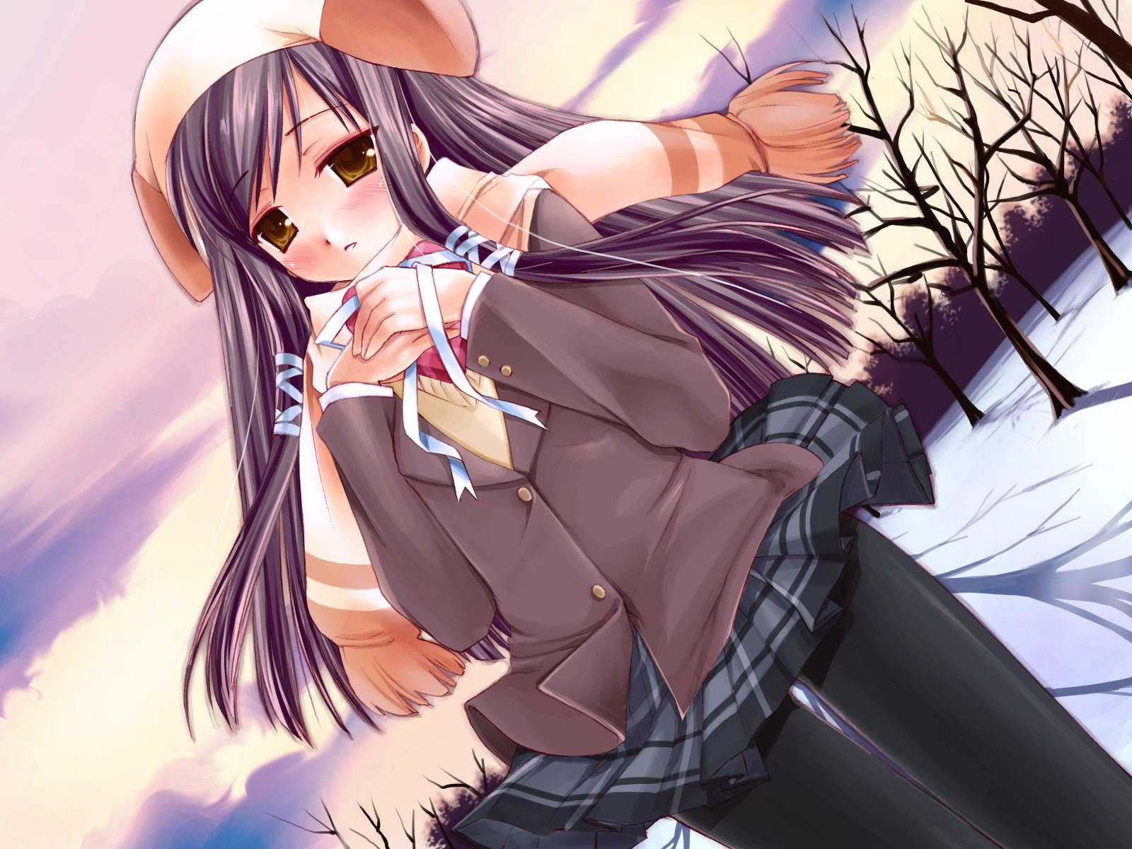 miyasu risa, sera karen, sakura musubi, highres, 1girl, blush, female focus, hat, long hair, pantyhose, ribbon, scarf, school uniform, serafuku, skirt, sky, solo, wind, wind lift, winter