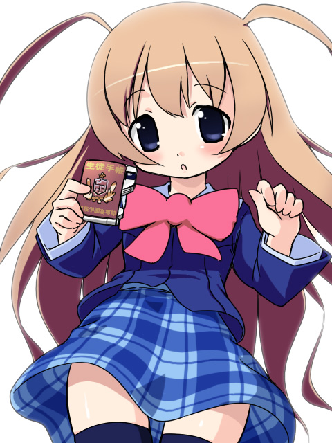 izuno kenta, odori momoha, gakuen utopia manabi straight!, 00s, 1girl, bow, female focus, pink bow, plaid clothes, plaid skirt, skirt, solo, thighhighs