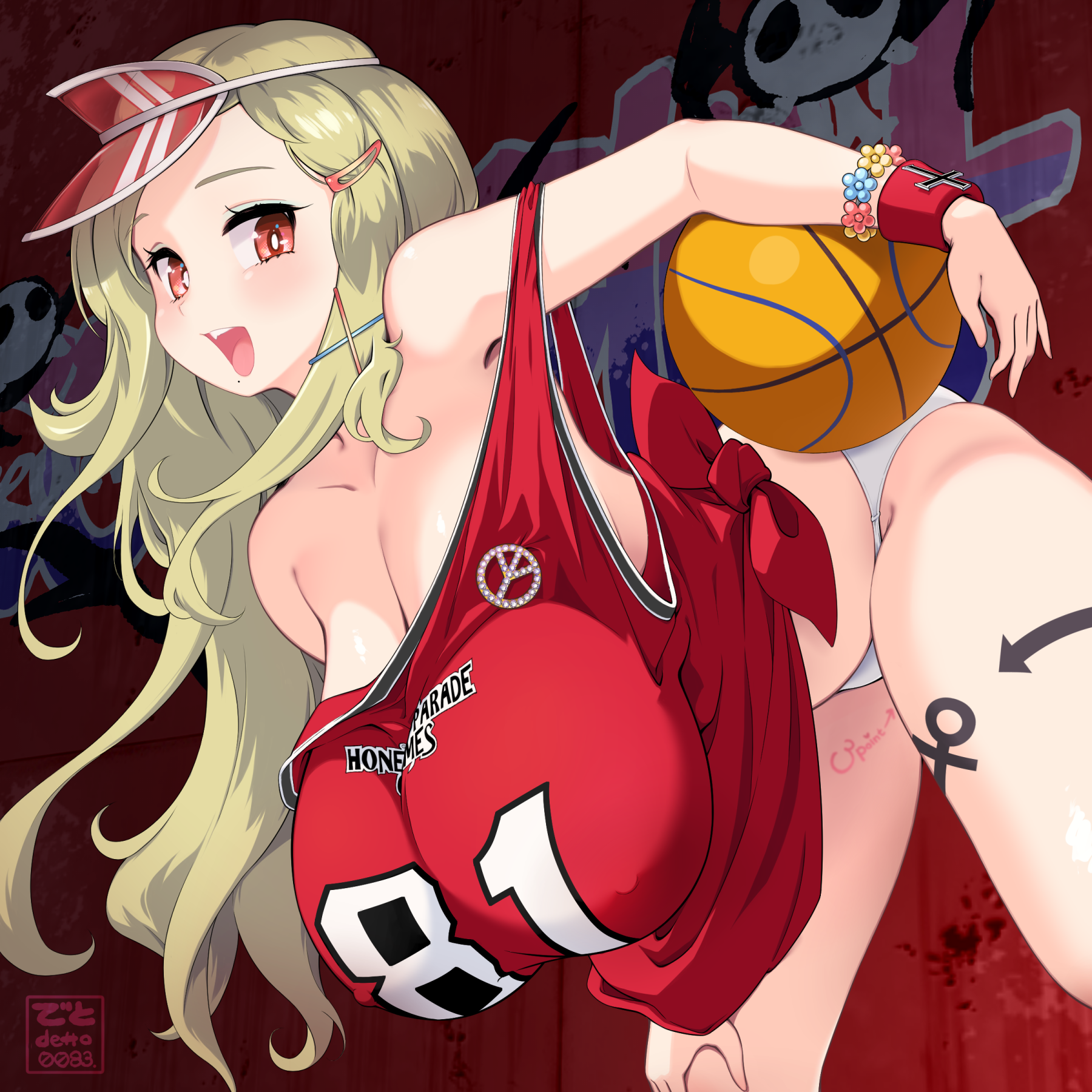 deto, shiki (senran kagura), senran kagura, senran kagura new link, commentary request, highres, 1girl, ball, basketball, basketball (object), basketball jersey, basketball uniform, bent over, blonde hair, blush, breasts, cleavage, holding, holding ball, huge breasts, jersey, leg tattoo, long hair, looking at viewer, mole, mole under mouth, no pants, official alternate costume, open mouth, panties, playing sports, red eyes, red tank top, smile, solo, sportswear, tank top, tattoo, underwear, visor cap, white panties, wristband
