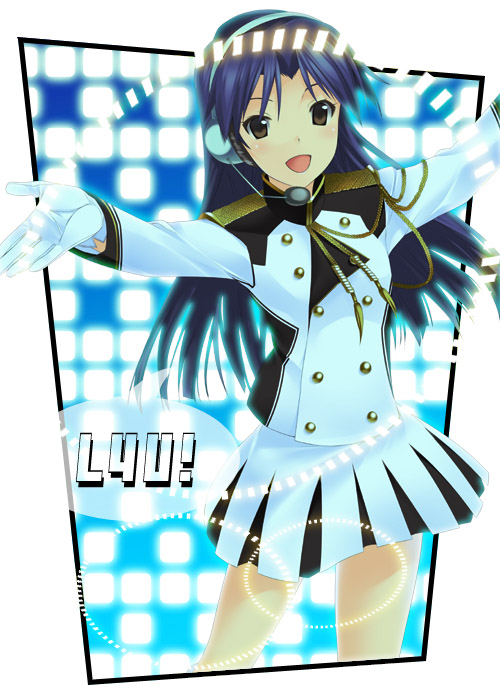 mizuki makoto, kisaragi chihaya, idolmaster, idolmaster (classic), 00s, 1girl, :d, band uniform, blue eyes, blue hair, character name, cowboy shot, dress, female focus, gloves, headphones, long hair, long sleeves, looking at viewer, matching hair/eyes, open mouth, outstretched arms, smile, solo, standing, very long hair, white dress, white gloves