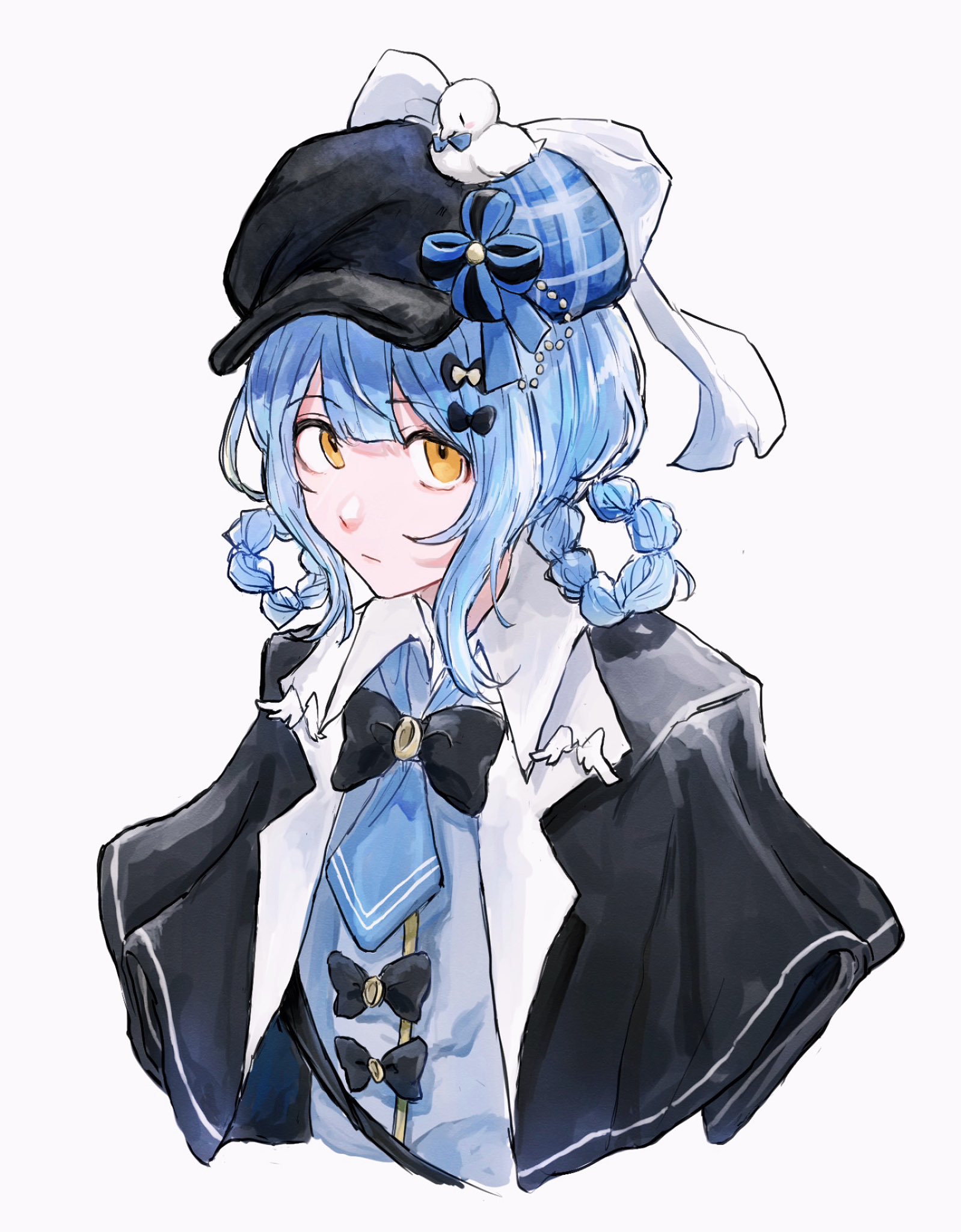 tachibana sherry, mahou shoujo no majo saiban, commentary request, highres, 1girl, black bow, black capelet, black hat, blue hair, blue necktie, blunt bangs, bow, braid, braided hair rings, capelet, closed mouth, collared shirt, cropped torso, deerstalker, hair bow, hair rings, hat, looking at viewer, magical girl, necktie, shirt, short hair, simple background, solo, upper body, white background, yaco (yamcom55), yellow eyes