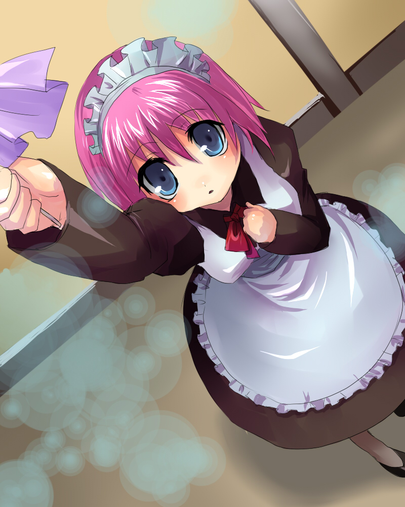 kobanzame, hisui (tsukihime), tsukihime, bad id, bad pixiv id, 00s, 1girl, apron, blue eyes, cleaning, duster, female focus, from above, indoors, maid, maid apron, maid headdress, pink hair, solo