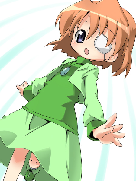 izuno kenta, laguna granscenic, lyrical nanoha, mahou shoujo lyrical nanoha, mahou shoujo lyrical nanoha strikers, 00s, 1girl, :o, blush, brooch, closed eyes, dress, eyepatch, female focus, gem, green dress, jewelry, long sleeves, looking at viewer, parted lips, simple background, solo, white background
