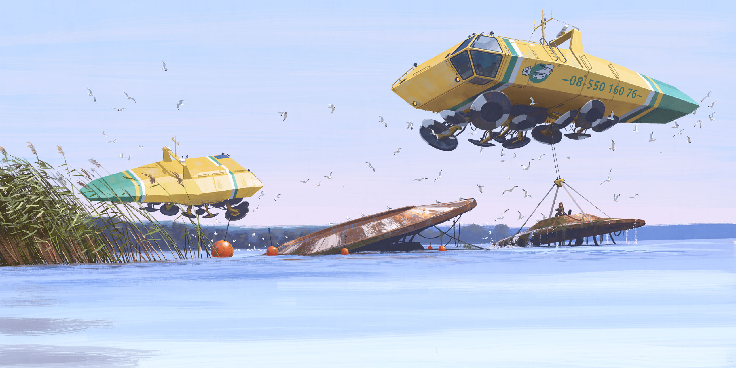 simon stalenhag, highres, aircraft, bird, buoy, cable, cloud, flying, lake, no humans, outdoors, railing, reeds, rust, science fiction, sky, things from the flood, water, window
