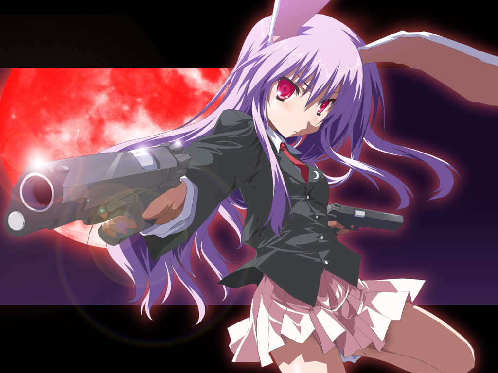 yamano sachi, reisen udongein inaba, touhou, light purple hair, 1girl, animal ears, blazer, dual wielding, female focus, gun, handgun, holding, jacket, lens flare, long hair, m1911, moon, necktie, pistol, pleated skirt, rabbit ears, red eyes, red moon, semi-automatic pistol, skirt, solo, weapon