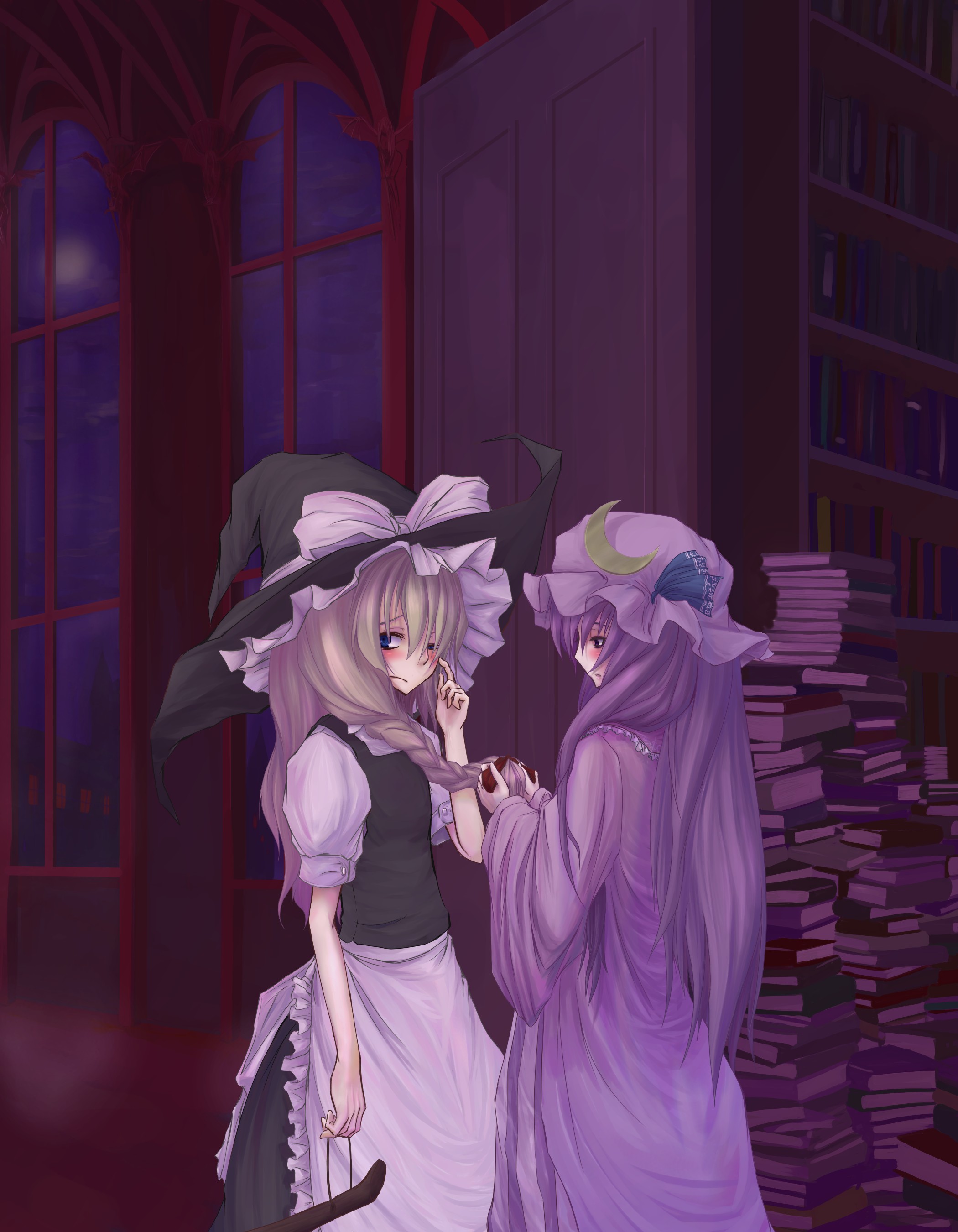 kirisame marisa, patchouli knowledge, touhou, absurdres, highres, 2girls, blonde hair, blush, book, book stack, bookshelf, female focus, hat, indoors, multiple girls, witch hat