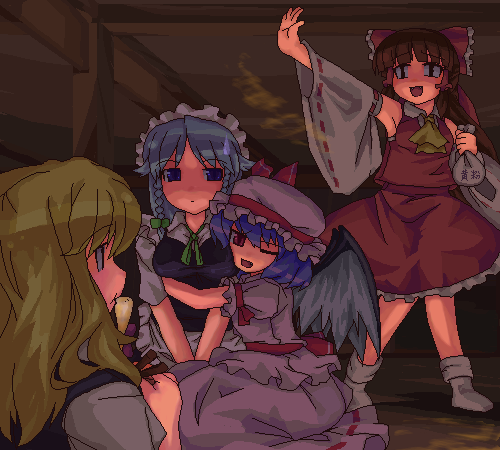 ktsecond, hakurei reimu, izayoi sakuya, kirisame marisa, remilia scarlet, touhou, silver hair, lowres, 4girls, bat wings, blonde hair, blue eyes, bow, braid, brown eyes, detached sleeves, dress, female focus, frills, full body, hair bow, long sleeves, maid headdress, multiple girls, oekaki, puffy short sleeves, puffy sleeves, red bow, short sleeves, sitting, standing, twin braids, vampire, white dress, wings