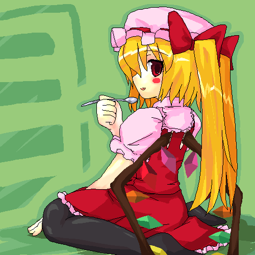 ktsecond, flandre scarlet, touhou, lowres, 1girl, black pantyhose, blouse, female focus, green background, hat, mob cap, oekaki, pantyhose, pink hat, pink shirt, shirt, solo, thighhighs, wings