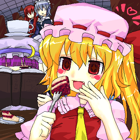 ktsecond, flandre scarlet, izayoi sakuya, koakuma, patchouli knowledge, embodiment of scarlet devil, touhou, silver hair, lowres, + +, 4girls, :d, ascot, bat wings, blonde hair, blush, blush stickers, cake, crescent, fang, female focus, food, fork, hat, head wings, heart, long hair, maid, maid headdress, mob cap, multiple girls, object on head, oekaki, open mouth, pastry, purple eyes, purple hair, red eyes, red hair, short hair, side ponytail, smile, wings, | |