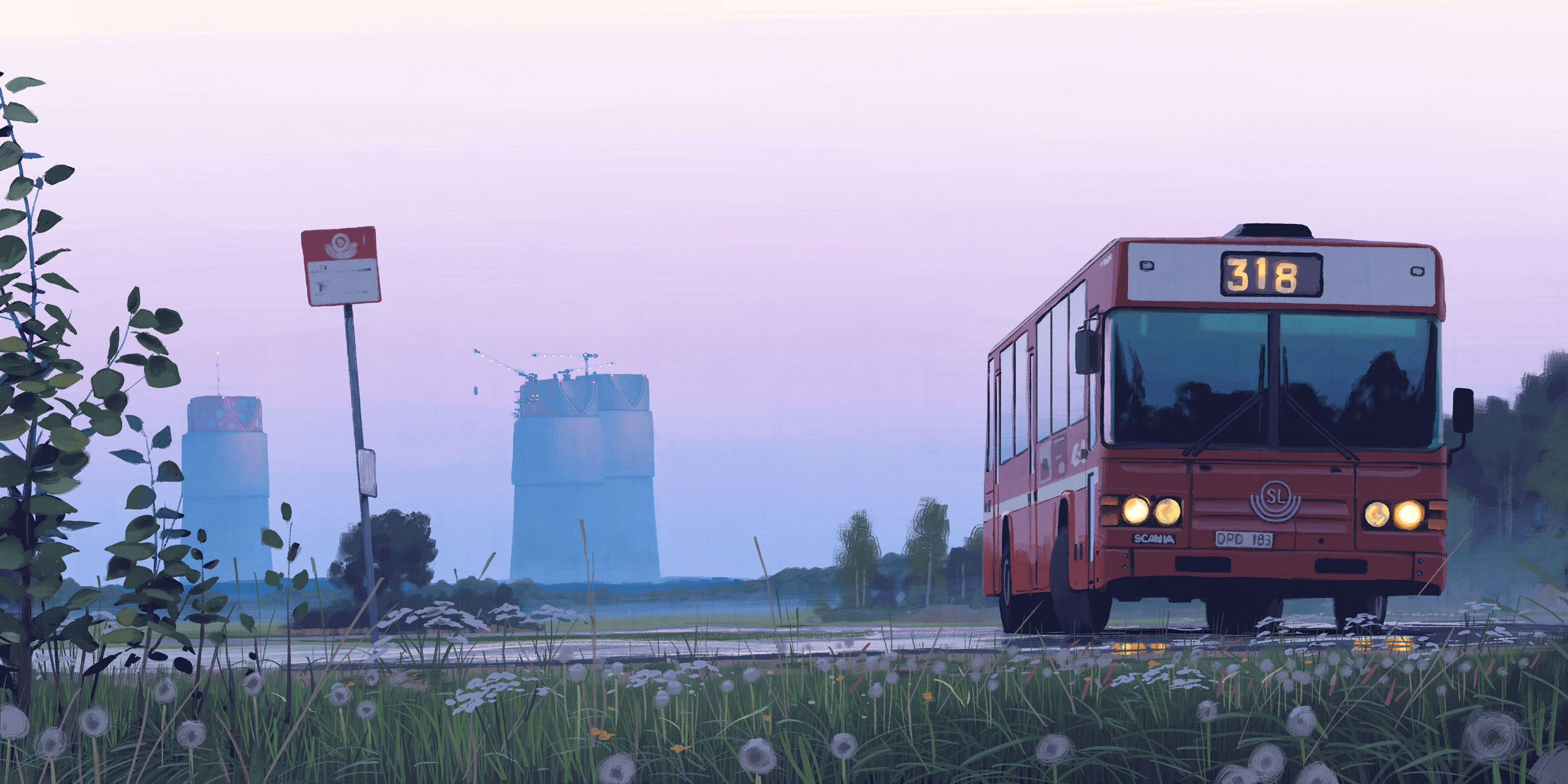 simon stalenhag, highres, architecture, bus, company name, crane (machine), dandelion, flower, grass, license plate, motor vehicle, no humans, outdoors, plant, reflection, road, scania, side-view mirror, sky, things from the flood, tree, wheel, window
