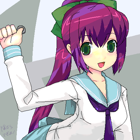 ktsecond, kumogakure hotaru, kage kara mamoru!, bad id, bad pixiv id, lowres, 00s, green eyes, oekaki, ponytail, purple hair, school uniform, serafuku, solo