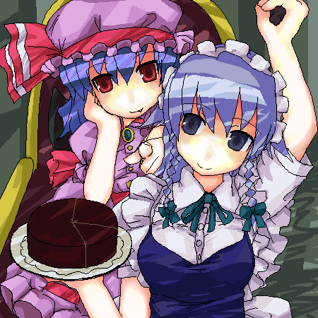ktsecond, izayoi sakuya, remilia scarlet, touhou, lowres, 2girls, breasts, female focus, hat, maid, mob cap, multiple girls, oekaki, upper body