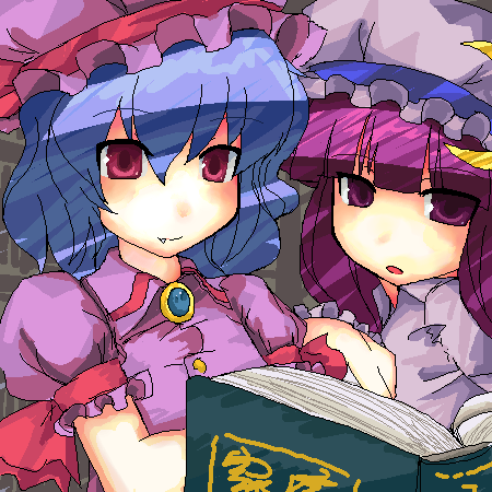 ktsecond, patchouli knowledge, remilia scarlet, touhou, lowres, 2girls, blunt bangs, female focus, hat, mob cap, multiple girls, oekaki, upper body