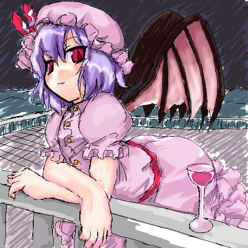 ktsecond, remilia scarlet, touhou, lowres, 1girl, bat wings, dress, fang, female focus, foreshortening, glass, hat, mob cap, oekaki, outdoors, pink hat, purple hair, red eyes, sky, smile, solo, wings