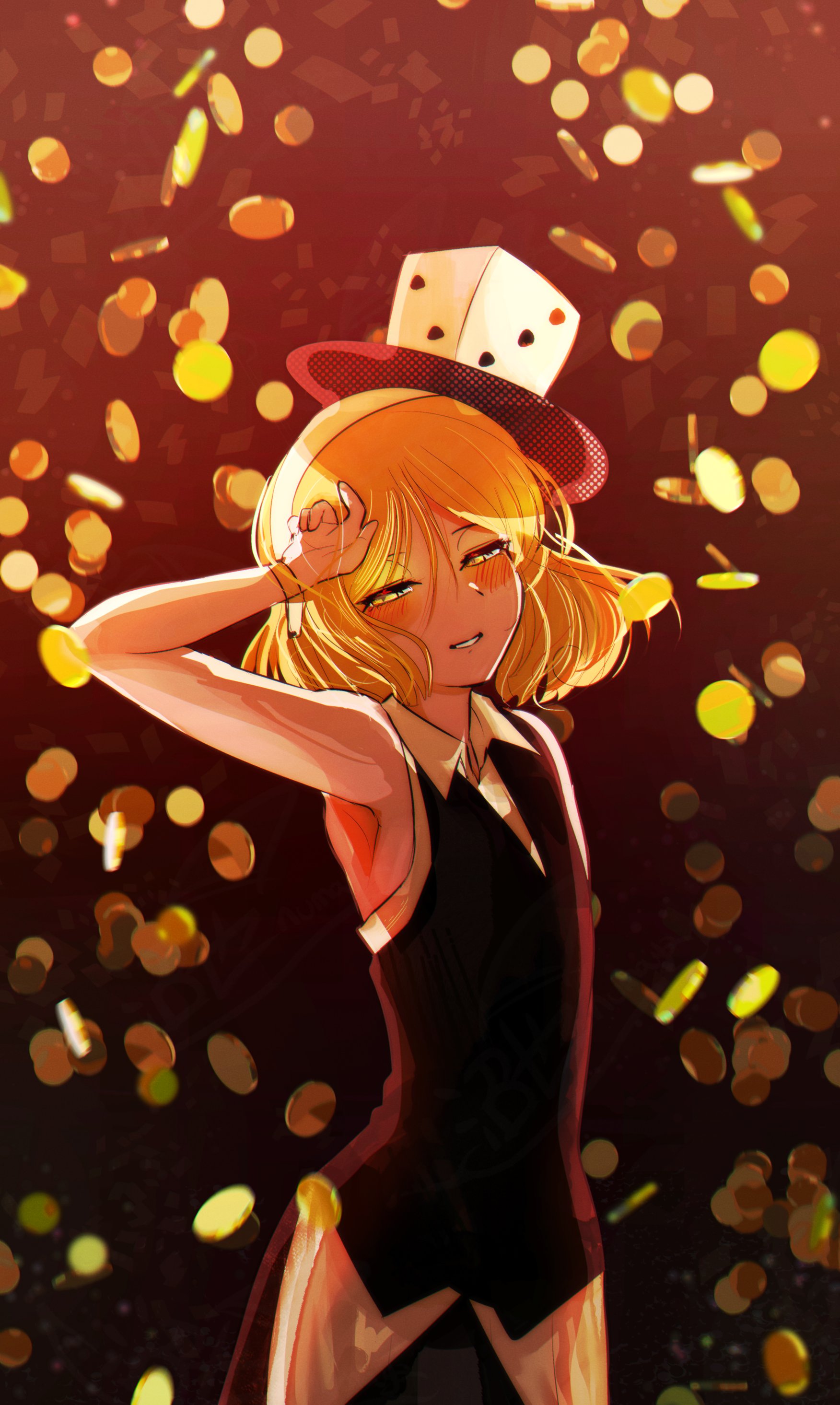 ex mugennumaya, xeno a, len'en, absurdres, highres, 1other, androgynous, armpits, bare arms, bare shoulders, black background, black skirt, black vest, blonde hair, blush, buttons, coattails, coin, collared shirt, cowboy shot, dice hair ornament, dress shirt, eyelashes, eyeshadow, falling money, gold coin, gradient background, grin, hair between eyes, hair ornament, hairband, half-closed eyes, halftone, hand in own hair, happy, looking at viewer, makeup, other focus, red background, shirt, short hair, skirt, sleeveless, sleeveless shirt, smile, solo, standing, vest, white hairband, white shirt, yellow eyes, yellow eyeshadow