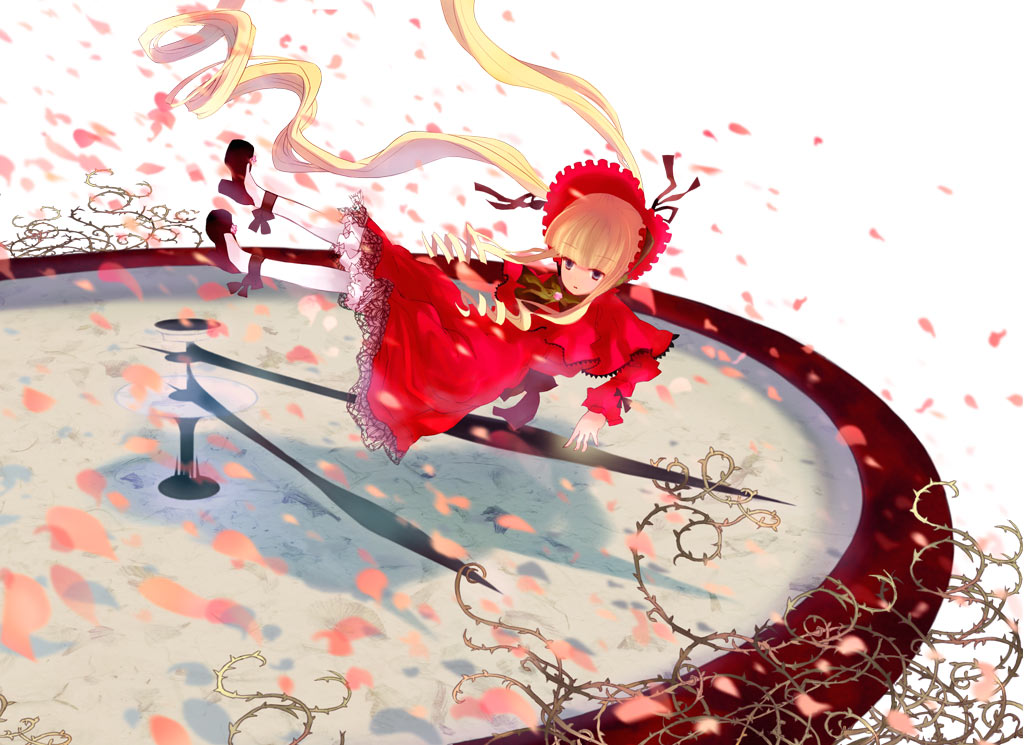shinku, rozen maiden, 00s, 1girl, blonde hair, bonnet, clock, doll, dress, female focus, full body, kneehighs, long sleeves, mary janes, mini person, minigirl, pointer, red dress, shoes, simple background, socks, solo, white background, white socks