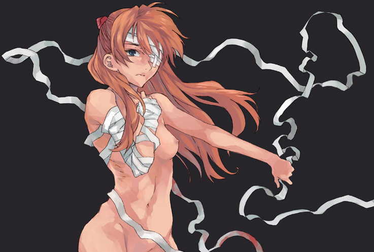 kno1, souryuu asuka langley, neon genesis evangelion, 1girl, bandaged arm, bandaged head, bandages, black background, blue eyes, closed mouth, cowboy shot, female focus, frown, groin, hand on own chest, interface headset (evangelion), long hair, looking at viewer, navel, nipples, nude, orange hair, out-of-frame censoring, outstretched arm, ribs, simple background, smile, solo, stomach