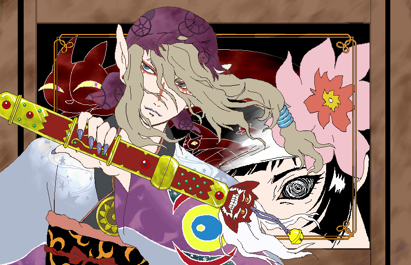 ichikawa setsuko, kusuriuri (mononoke), mononoke, 00s, 1boy, 1girl, bakeneko, bandana, black hair, blonde hair, blue eyes, cat, durag, facepaint, facial mark, flower, hair tie, japanese clothes, kimono, lipstick, long hair, looking at viewer, makeup, medallion, nail polish, obi, oekaki, pointy ears, sash, sheath, sheathed, sun symbol, sword, weapon