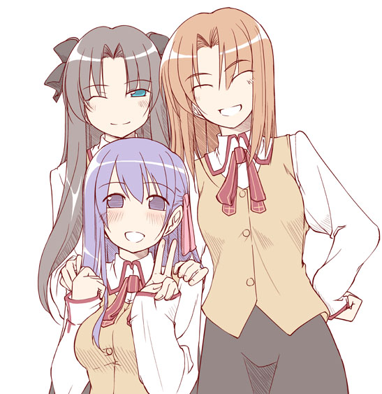 fue (rhomphair), matou sakura, mitsuzuri ayako, tohsaka rin, fate/stay night, fate (series), 00s, 3girls, :d, ^ ^, blue eyes, brown hair, closed eyes, homurabara academy school uniform, long sleeves, looking at viewer, multiple girls, open mouth, orange hair, parted bangs, purple eyes, purple hair, school uniform, serafuku, simple background, smile, sweater vest, white background