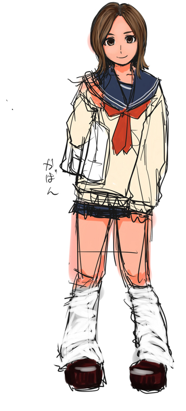 h (158cm), original, 1girl, female focus, gyaru, kogal, loose socks, school uniform, serafuku, sketch, socks, solo