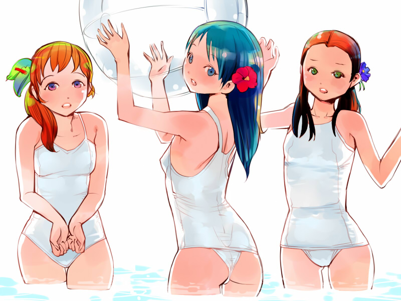 igarashi mangou, 3girls, ass, ball, beachball, blue eyes, blue hair, brown hair, flat chest, flower, green eyes, hair flower, hair ornament, hibiscus, multiple girls, one-piece swimsuit, red hair, school swimsuit, swimsuit, white one-piece swimsuit, white school swimsuit