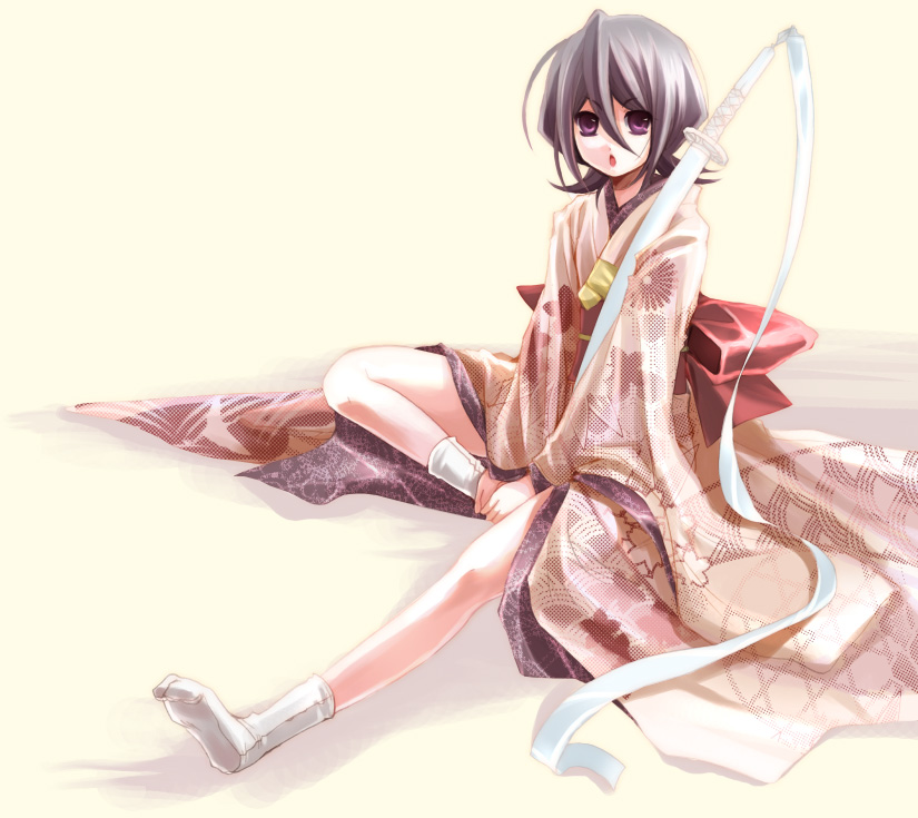 tokitsukaze otoha, kuchiki rukia, sode no shirayuki, bleach, 00s, 1girl, black hair, female focus, japanese clothes, kimono, open mouth, purple eyes, sitting, socks, solo, sword, tabi, weapon