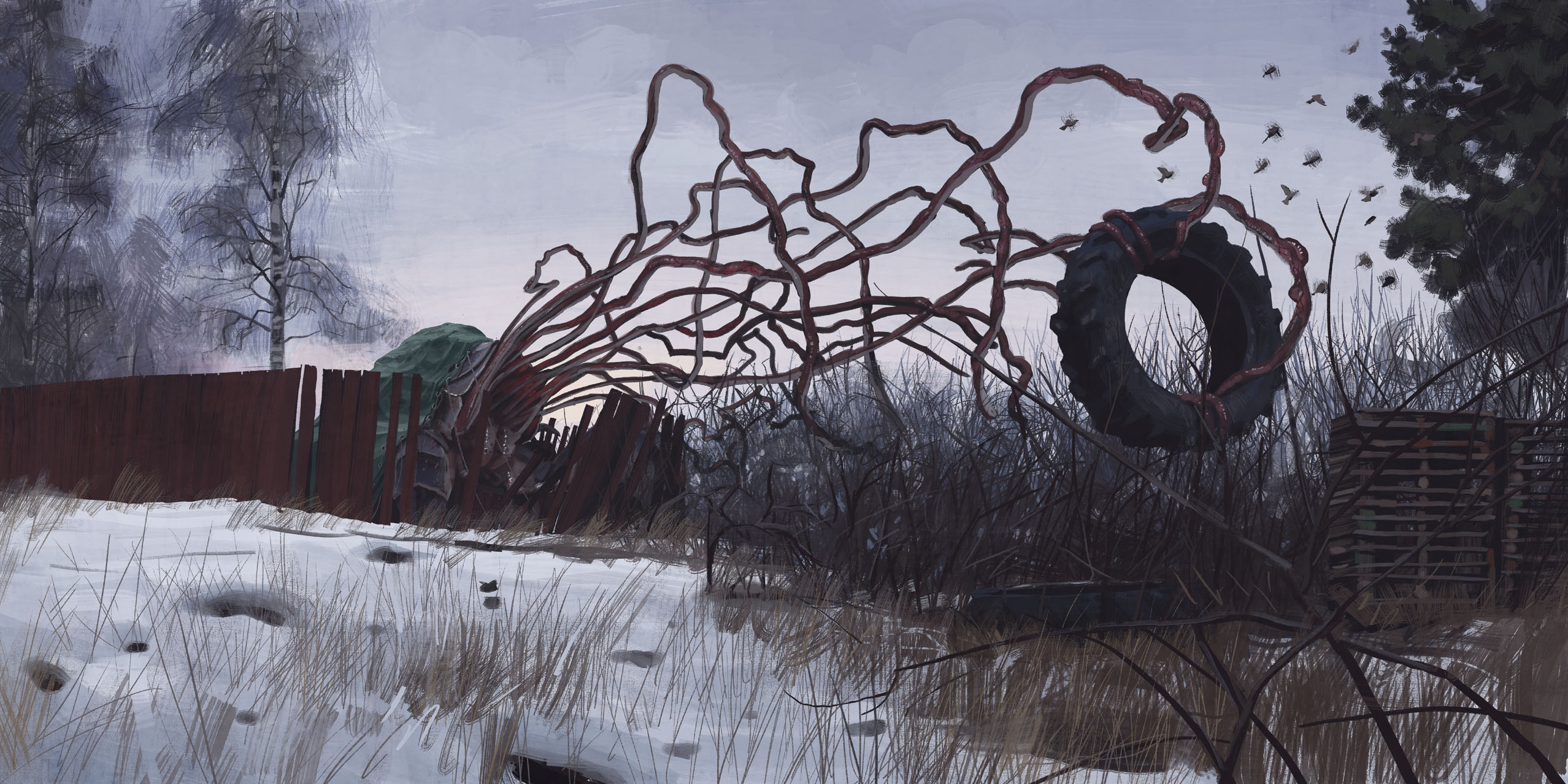 simon stalenhag, highres, bird, cargo pallet, cloud, day, grass, holding, horror (theme), monster, no humans, outdoors, science fiction, sky, snow, tarpaulin, tentacles, things from the flood, tree, unused tire