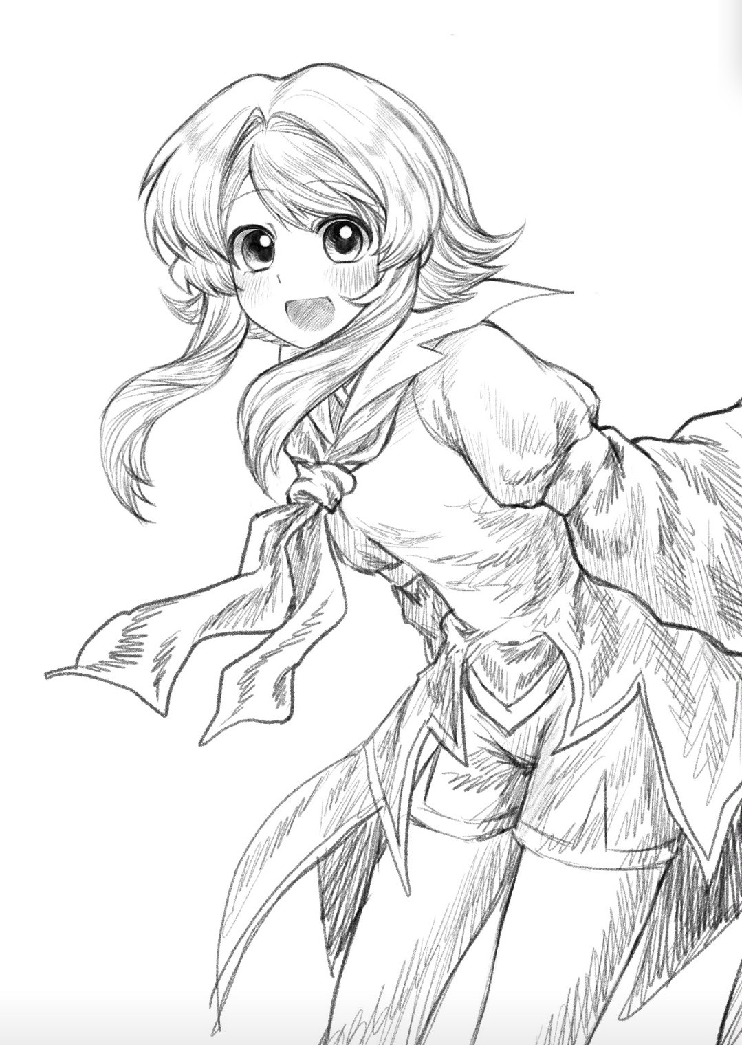 bingkuaihei, houlen yabusame, len'en, highres, 1other, androgynous, ascot, bare legs, blush, coattails, collared coat, cowboy shot, dot nose, greyscale, hair intakes, happy, japanese clothes, jinbei (clothes), lapels, layered sleeves, leaning forward, long sleeves, looking at viewer, monochrome, notched lapels, open mouth, other focus, puffy short sleeves, puffy sleeves, short hair with long locks, short over long sleeves, short sleeves, shorts, sidelocks, simple background, sketch, smile, solo, standing, swept bangs, tareme, white background, wide sleeves