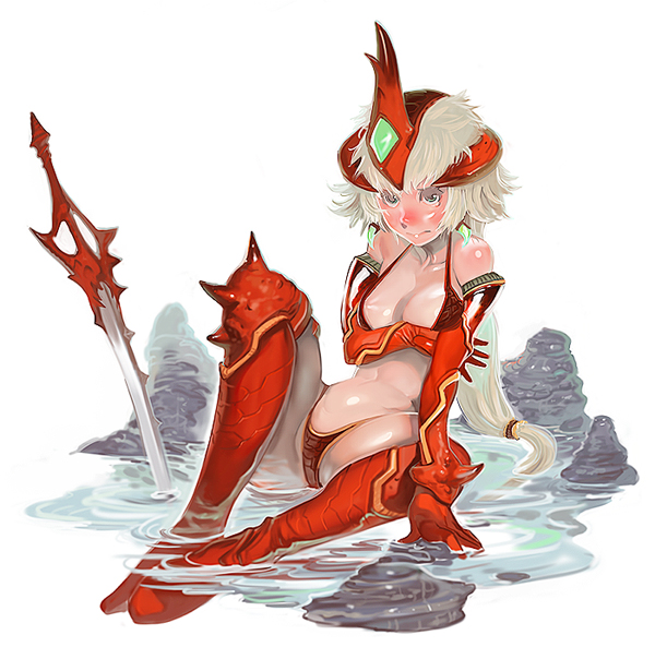 kichin yarou, original, armor, fantasy, long hair, low-tied long hair, solo, sword, water, weapon, zodiac