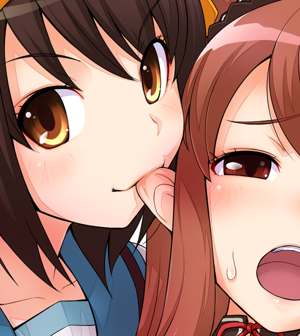 ha-ru, asahina mikuru, suzumiya haruhi, suzumiya haruhi no yuuutsu, biting ear, 00s, 2girls, biting, blush, brown hair, looking at viewer, multiple girls, portrait, school uniform, serafuku, short hair, yuri