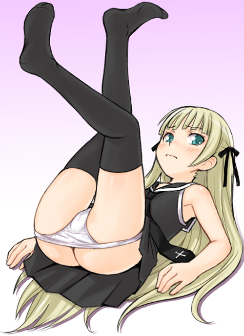 ha-ru, evangeline a.k. mcdowell, mahou sensei negima!, bad id, bad pixiv id, 00s, 1girl, armpits, bare shoulders, blonde hair, female focus, flat chest, legs up, long hair, lying, panties, panty pull, skirt, sleeveless, solo, thighhighs, underwear, vampire, very long hair