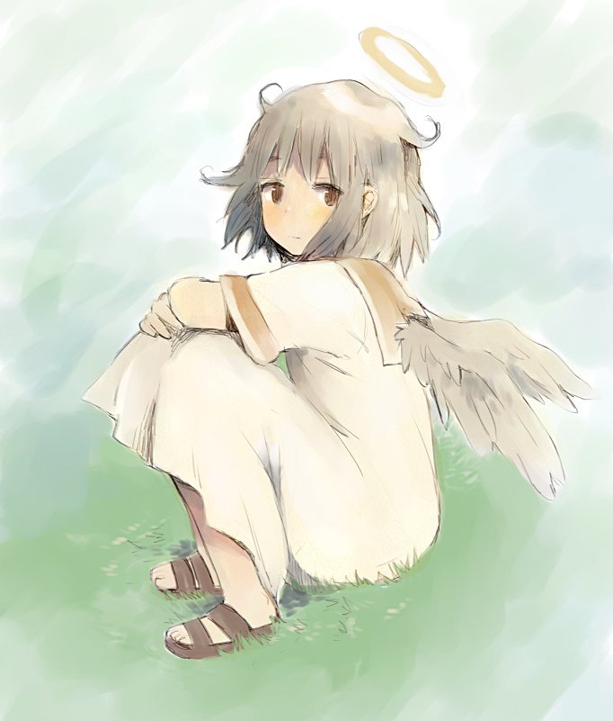 sakana45, haibane renmei, bad link, 1girl, angel, angel wings, brown eyes, brown sandals, dress, eyebrows hidden by hair, fetal position, grey hair, halo, knees to chest, light smile, long dress, looking at viewer, messy hair, on grass, on ground, rakka (haibane renmei), sailor dress, sandals, short hair, simple background, solo, traditional halo, white dress, wings