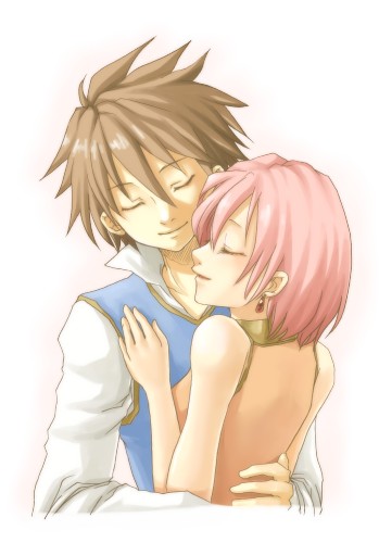 bartz klauser, lenna charlotte tycoon, final fantasy, final fantasy v, lowres, 1990s (style), 1boy, 1girl, couple, hetero, hug, orange shirt, pink hair, shirt, short hair