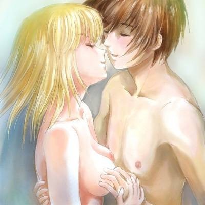 cagalli yula athha, kira yamato, gundam, gundam seed, lowres, 00s, 1boy, 1girl, blonde hair, blush, breasts, brother and sister, closed eyes, completely nude, happy, hetero, incest, nipples, nude, short hair, siblings