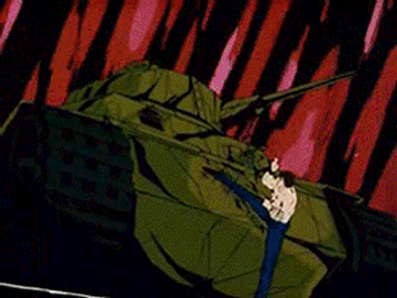 kenshiro, hokuto no ken, hyakuretsu-ken, vehicle, animated, animated gif, lowres, 1boy, explosion, kicking, male focus, military, military vehicle, motor vehicle, punching, rapid punches, retro artstyle, tank