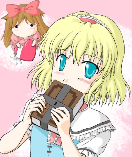 alice margatroid, shanghai doll, touhou, 2girls, book, female focus, multiple girls, solo, upper body, valentine