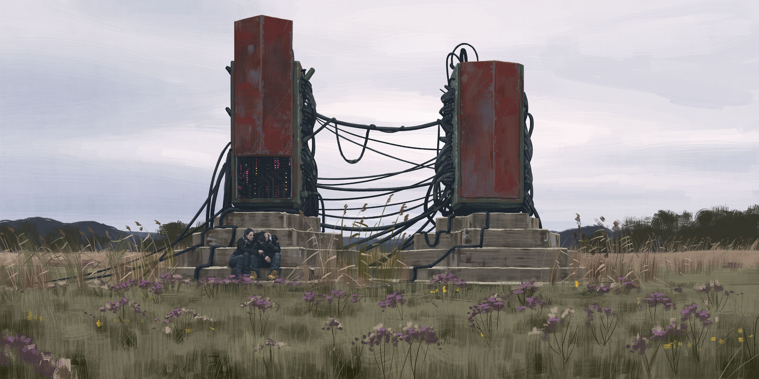 simon stalenhag, highres, 1boy, 1girl, black hair, black jacket, boots, cable, cloud, cloudy sky, day, denim, field, flower, grass, jacket, jeans, pants, science fiction, sitting, sky, stairs, things from the flood