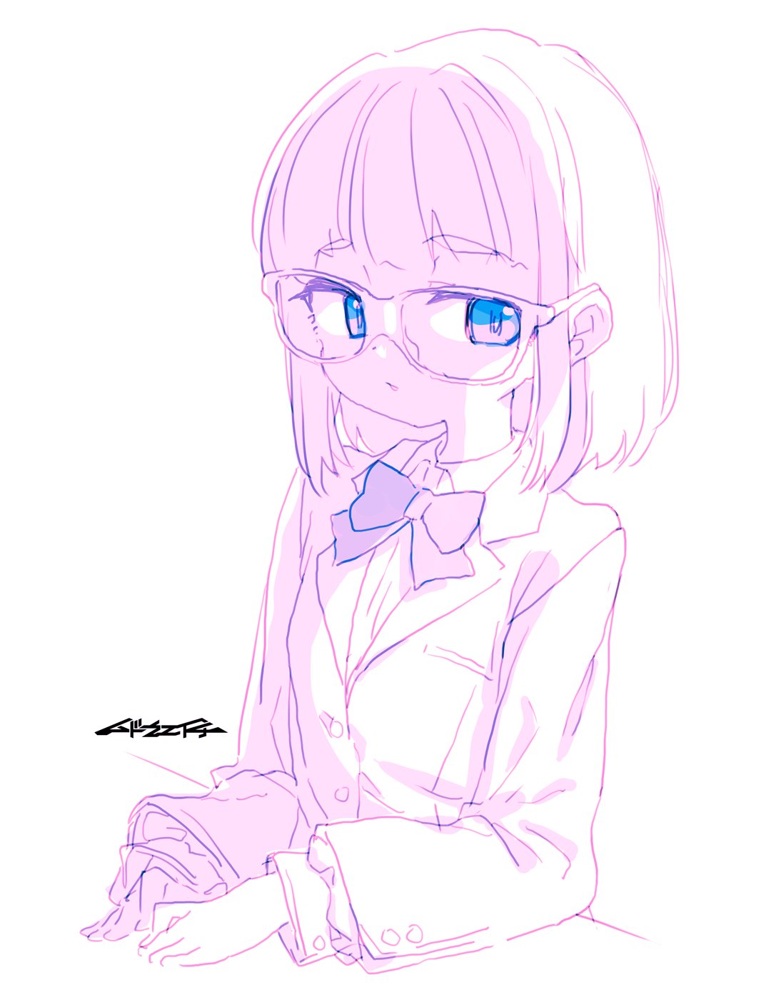 mudou eichi, original, highres, 1girl, blue eyes, bow, bowtie, glasses, hands on table, looking at viewer, school uniform, serafuku, short hair, solo, white background