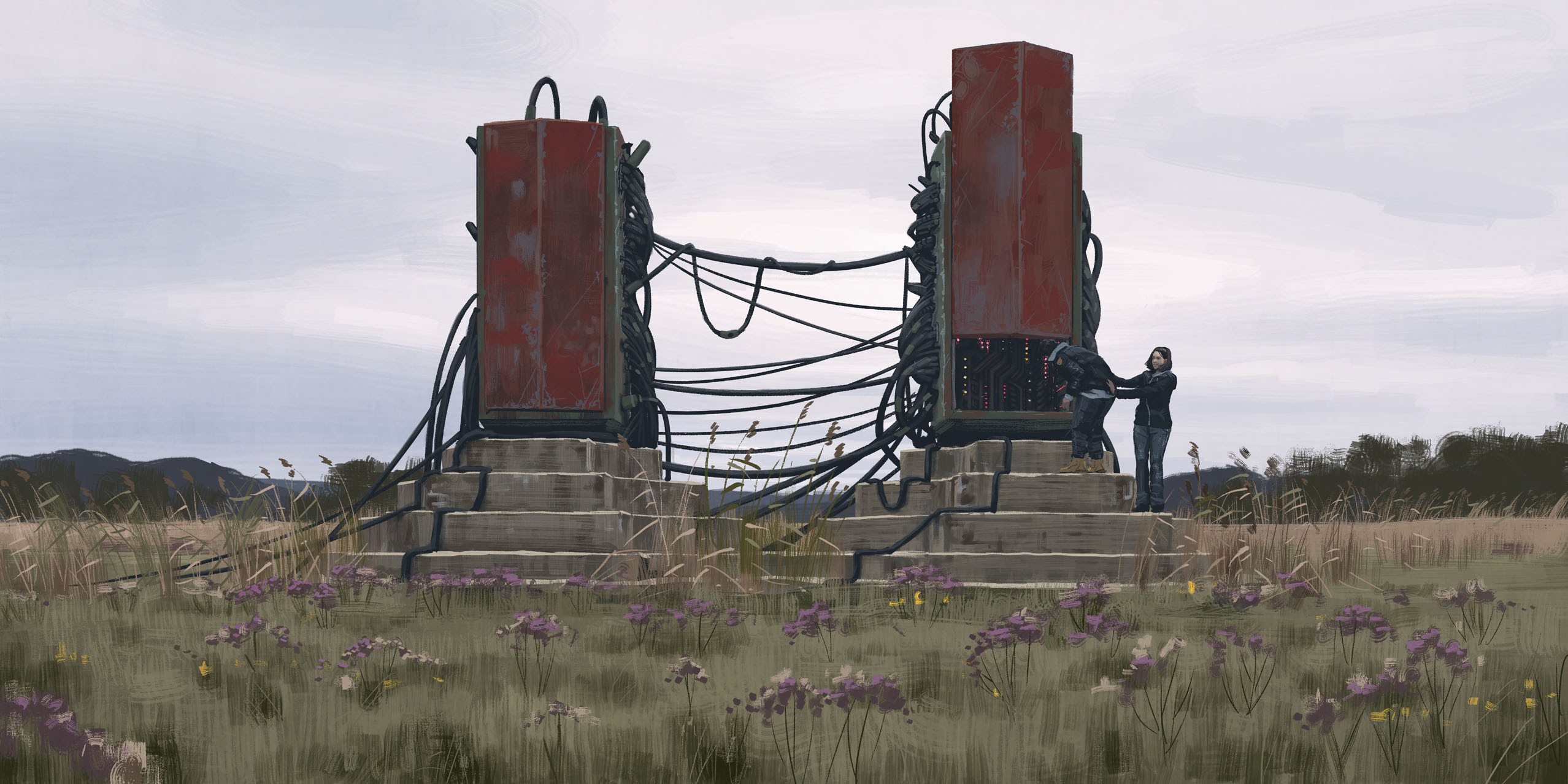 simon stalenhag, highres, 1boy, 1girl, black hair, black jacket, boots, cable, cloud, cloudy sky, day, denim, field, flower, grass, jacket, jeans, pants, science fiction, sky, stairs, standing, things from the flood