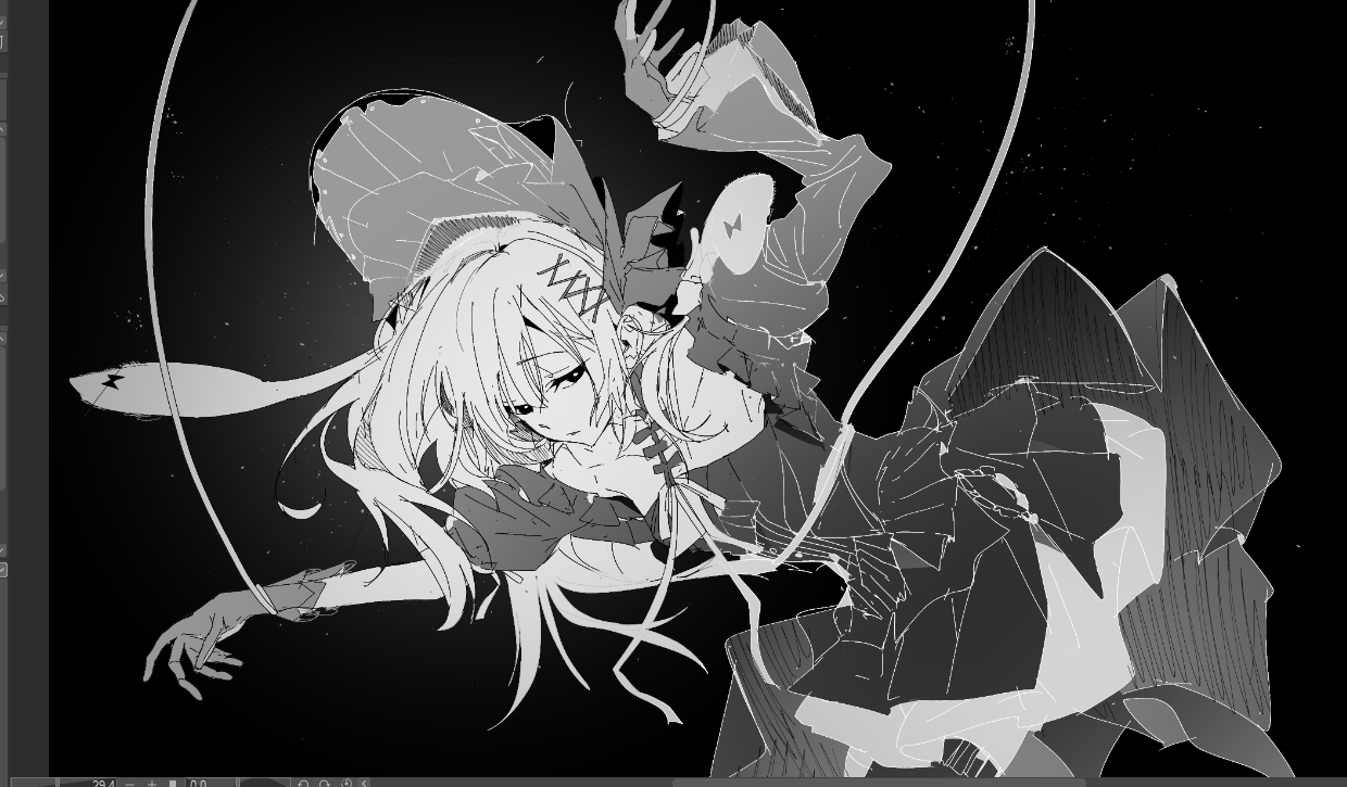 hamha s, wakaba mutsumi, bang dream!, bang dream! it's mygo!!!!!, commentary, symbol-only commentary, 1girl, animal ears, art program in frame, asymmetrical sleeves, black background, bonnet, dress, gloves, gothic lolita, greyscale, hair ornament, hanging, juliet sleeves, leaning forward, lolita fashion, long hair, long sleeves, looking at viewer, monochrome, official alternate costume, puffy sleeves, rabbit ears, rabbit girl, sidelocks, solo, wakaba mutsumi (marionette's id), x hair ornament