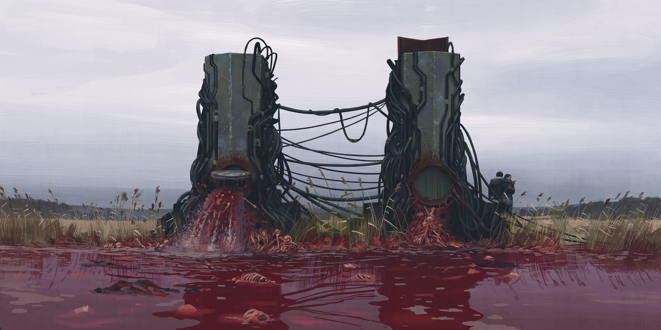 simon stalenhag, highres, 1boy, 1girl, black hair, black jacket, blood, bone, cable, cloud, cloudy sky, day, denim, field, from behind, grass, horror (theme), jacket, jeans, outdoors, pants, science fiction, sky, standing, things from the flood