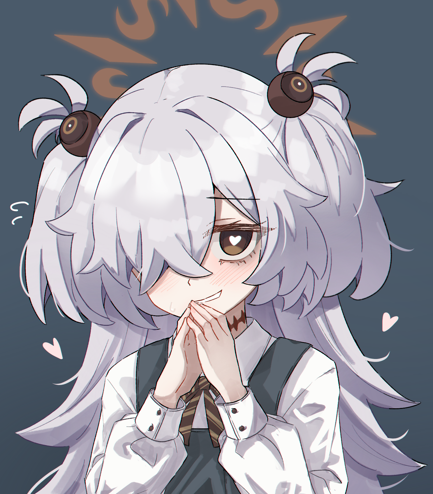 magui3, kanoe (blue archive), blue archive, commentary, english commentary, highres, 1girl, blush, bow, bowtie, brown bow, brown bowtie, brown eyes, brown halo, dress, flying sweatdrops, green dress, grey hair, hair over one eye, halo, heart, heart-shaped pupils, long hair, long sleeves, looking at viewer, mojyo, parted lips, portrait, scar, scar on neck, shirt, sleeveless, sleeveless dress, solo, steepled fingers, symbol-shaped pupils, two side up, white shirt